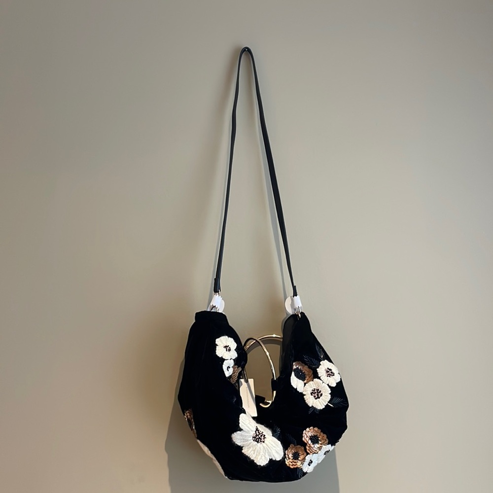 Anthropologie Black Floral Embroidered Handbag Purse